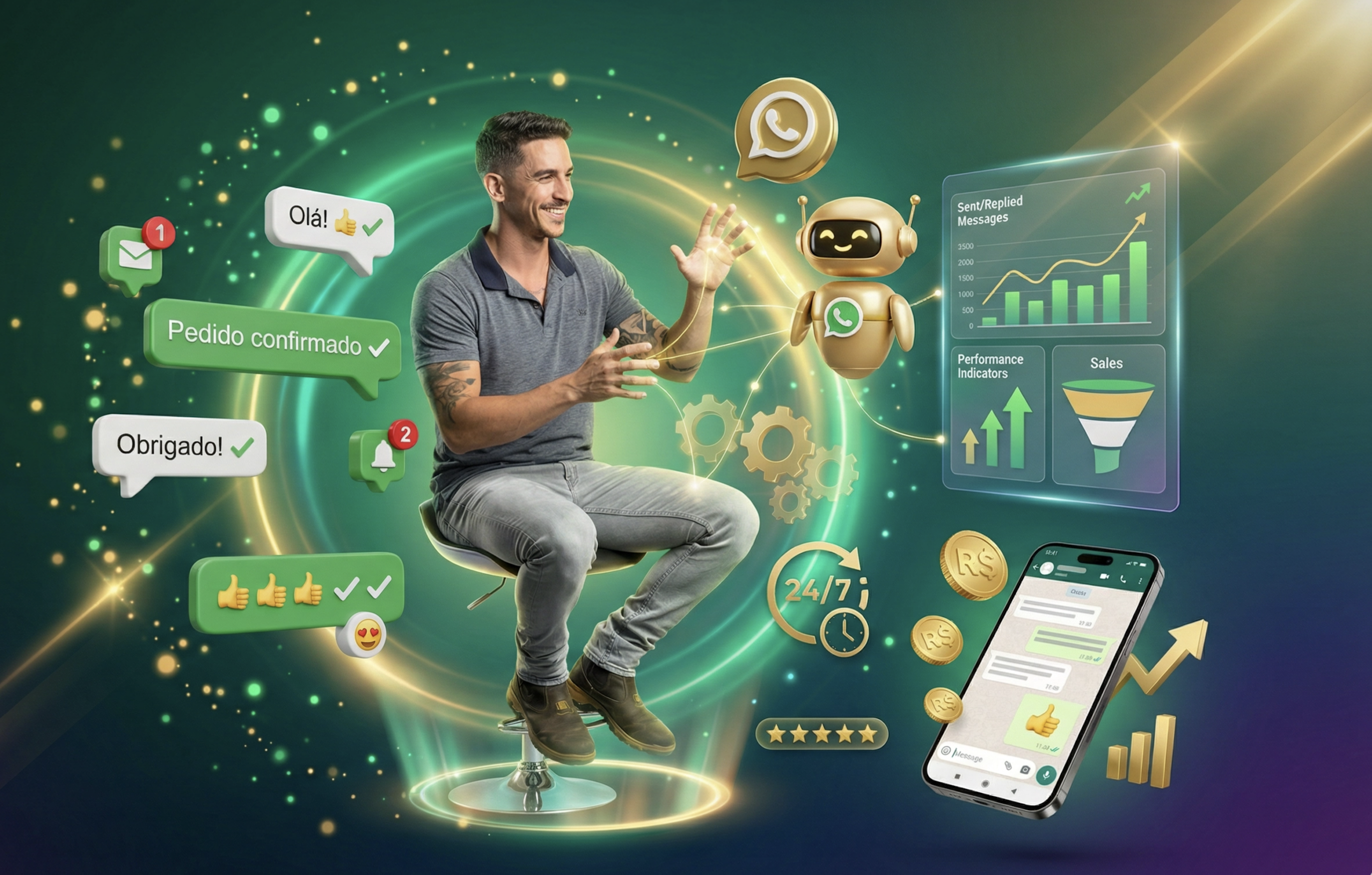 Ilustração 3D do Cliente OnLine: automação, mensagens e performance