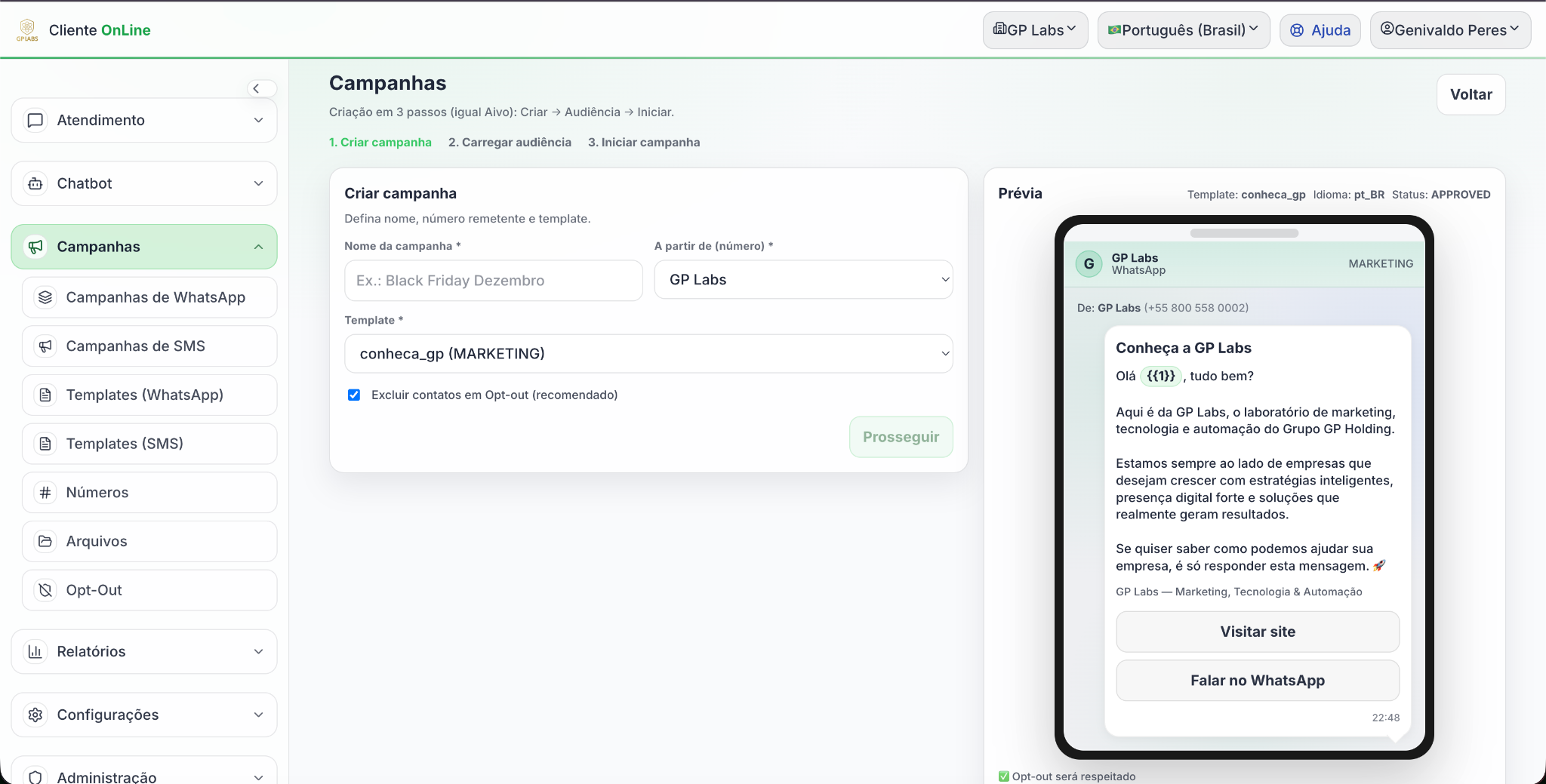 Tela de Campanhas com prévia do template