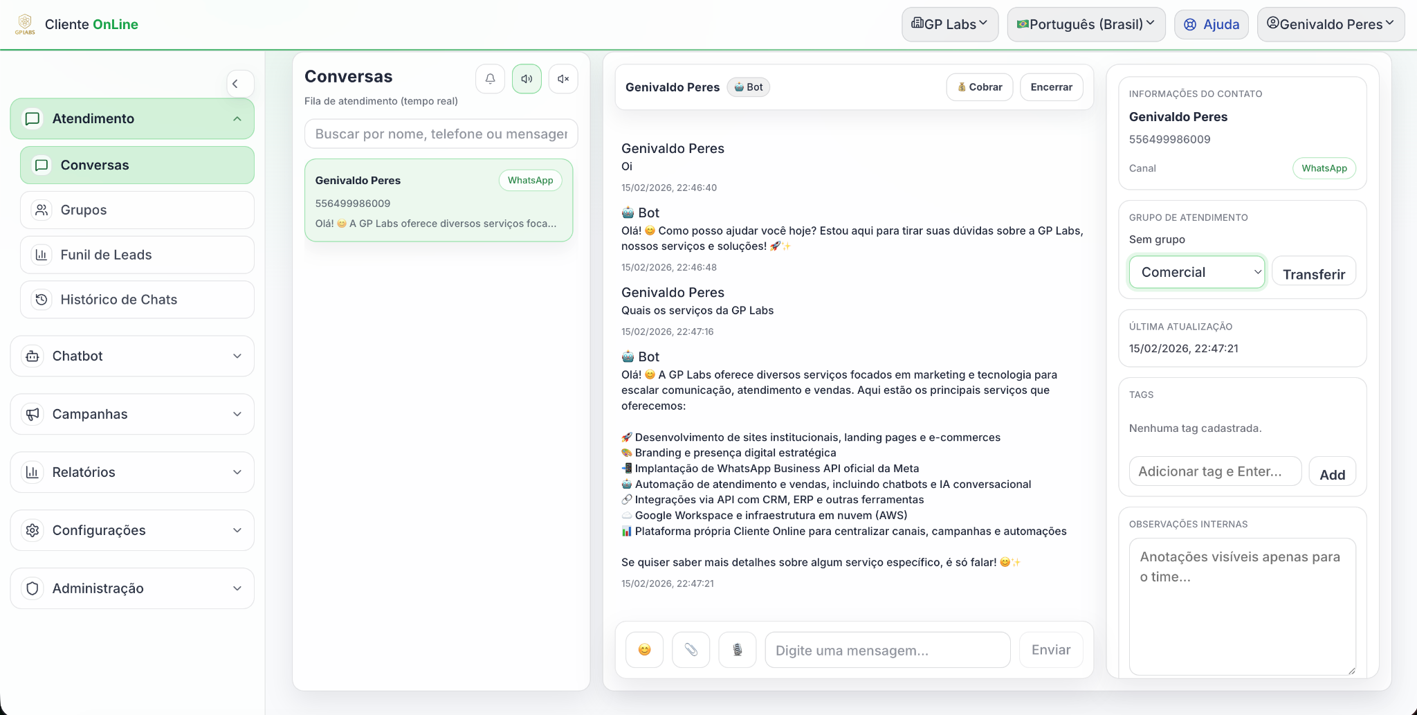 Tela de Conversas - Inbox unificado do Cliente OnLine