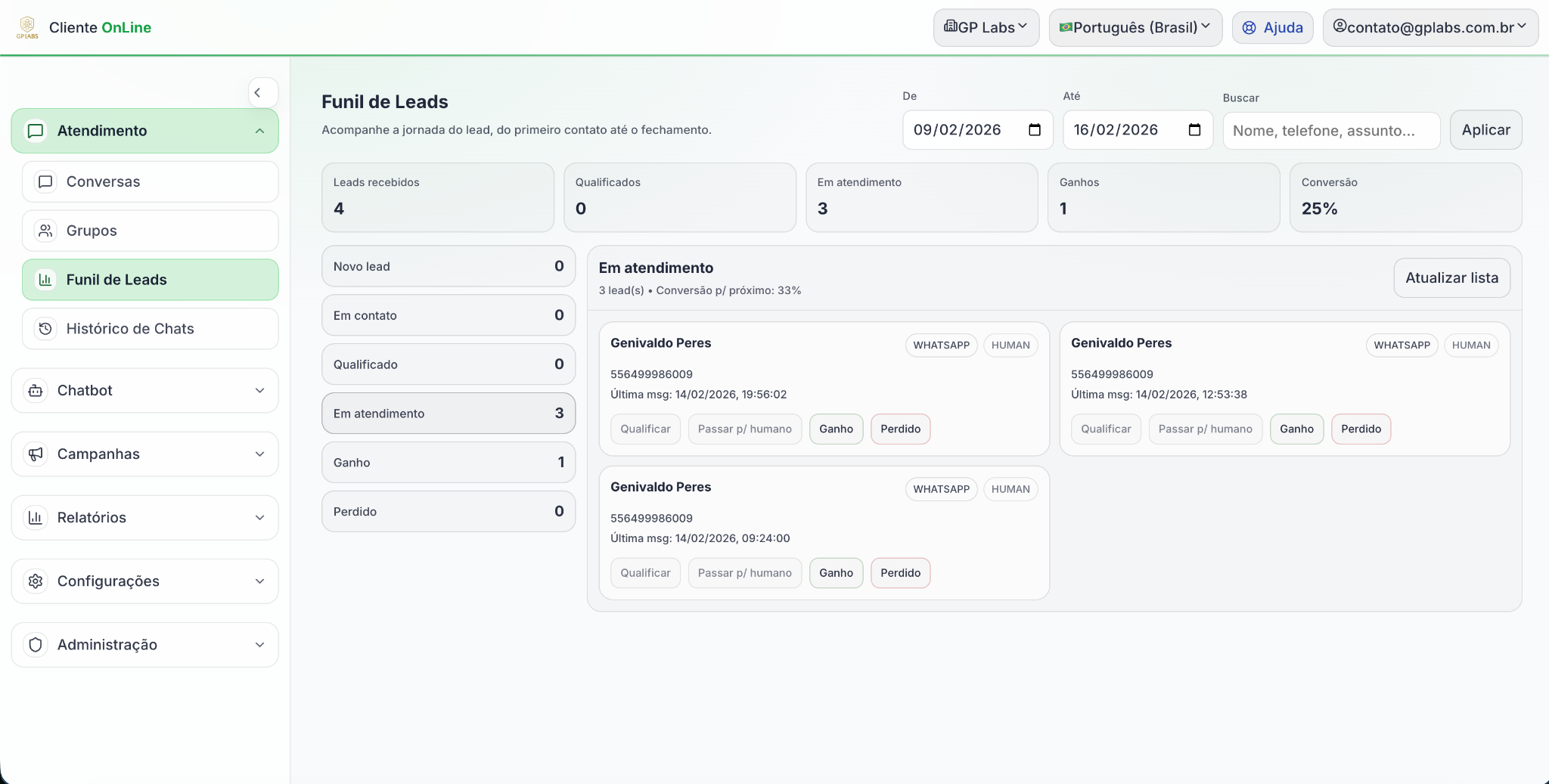 Tela de Funil de Leads