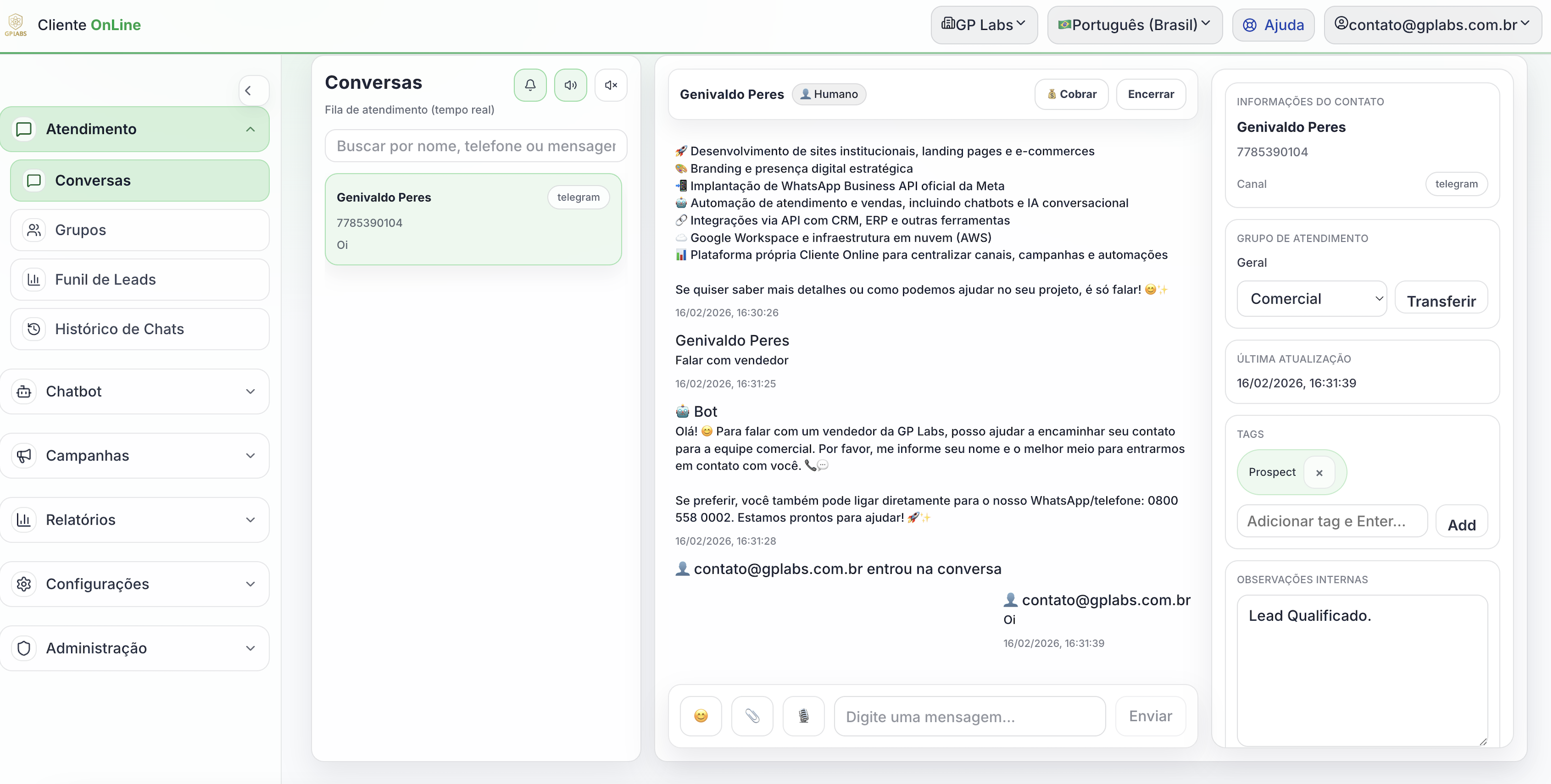 Inbox unificado da GP Labs